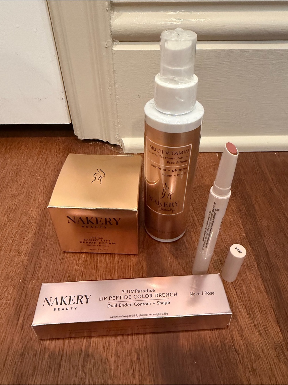 Nakery set, Lip Peptide Color Drench, tanning spray, night lift repair cream